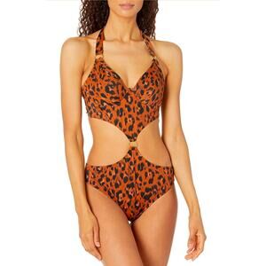 Freya Roar Instinct Underwire Cut Out Halter One Piece Swimsuit 34DD NWOT